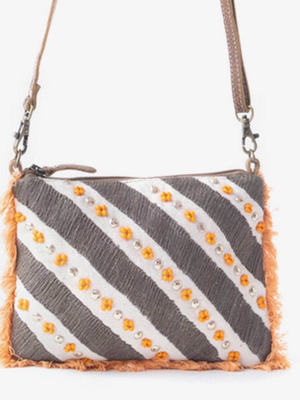 Myra Bag Gray, White & Orange Diagonal Stripe Crossbody